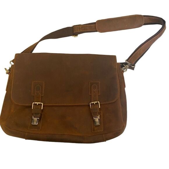 KATTEE Brown‎ Leather Messenger Shoulder Bag Distressed 14.5X3.5X10